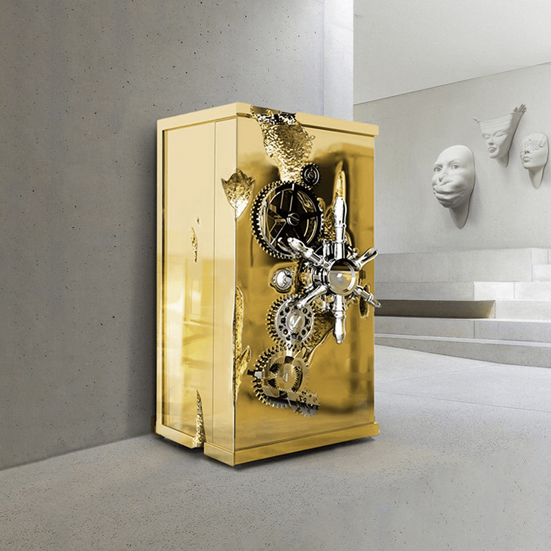 خزانة تخزين بقاعدة خشبية معدنية ذهبية حديثة