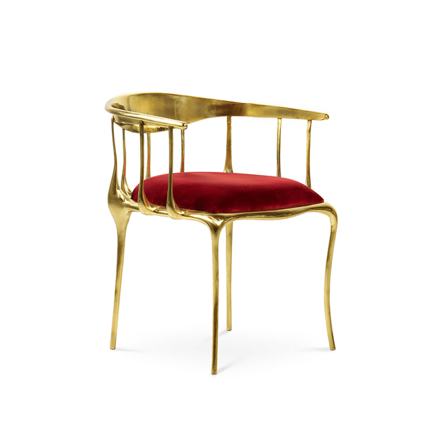 كرسي طعام نحاسي بأرجل معدنية منجدة فاخرة وحديثة