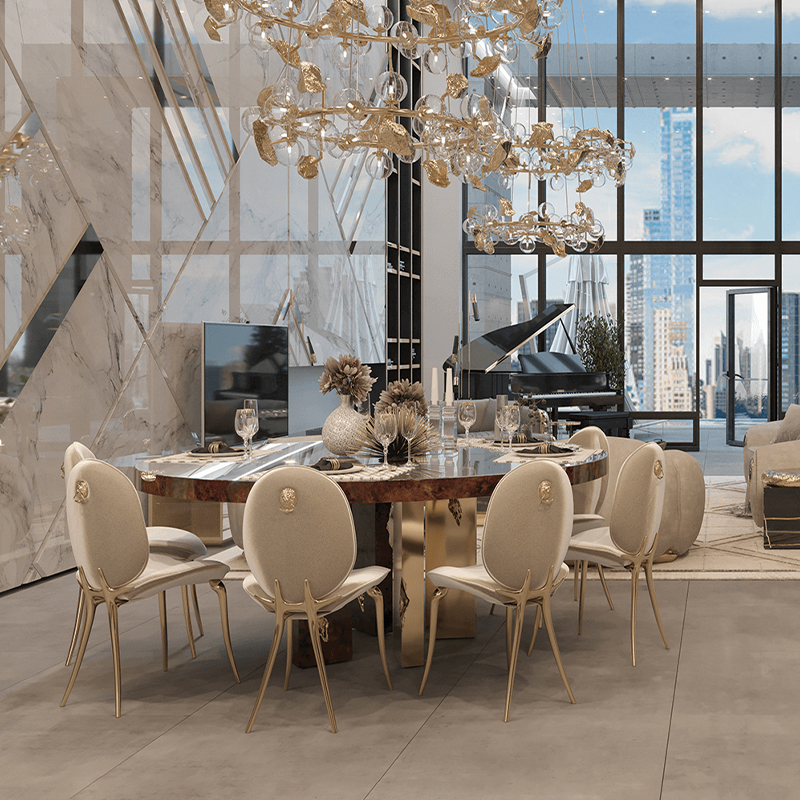 كرسي طعام مخملي نحاسي فاخر بتصميم إيطالي خفيف