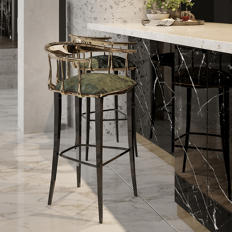 كرسي بار نحاسي بأرجل معدنية منجدة فاخرة وحديثة