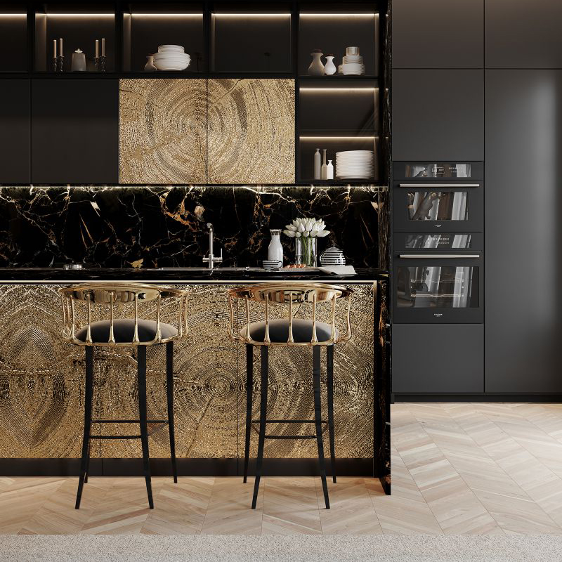 كرسي بار نحاسي بأرجل معدنية منجدة فاخرة وحديثة