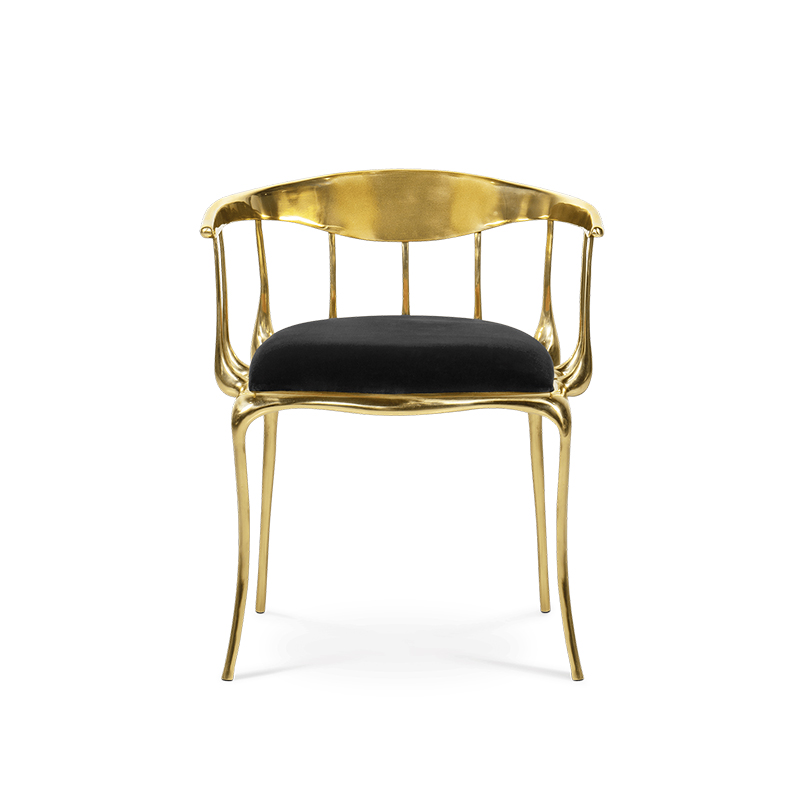 كرسي طعام نحاسي بأرجل معدنية منجدة فاخرة وحديثة