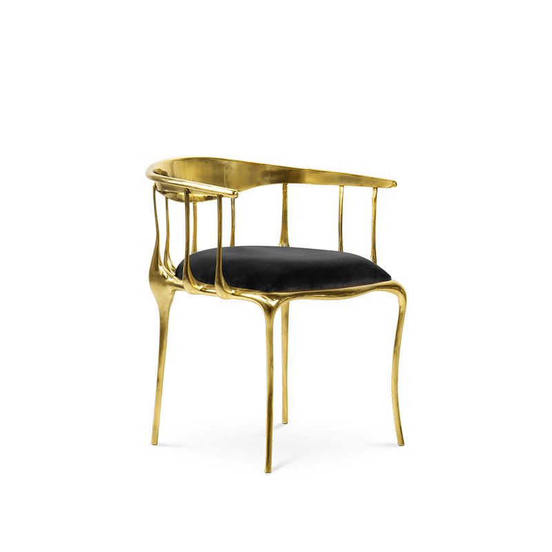 كرسي طعام نحاسي بأرجل معدنية منجدة فاخرة وحديثة