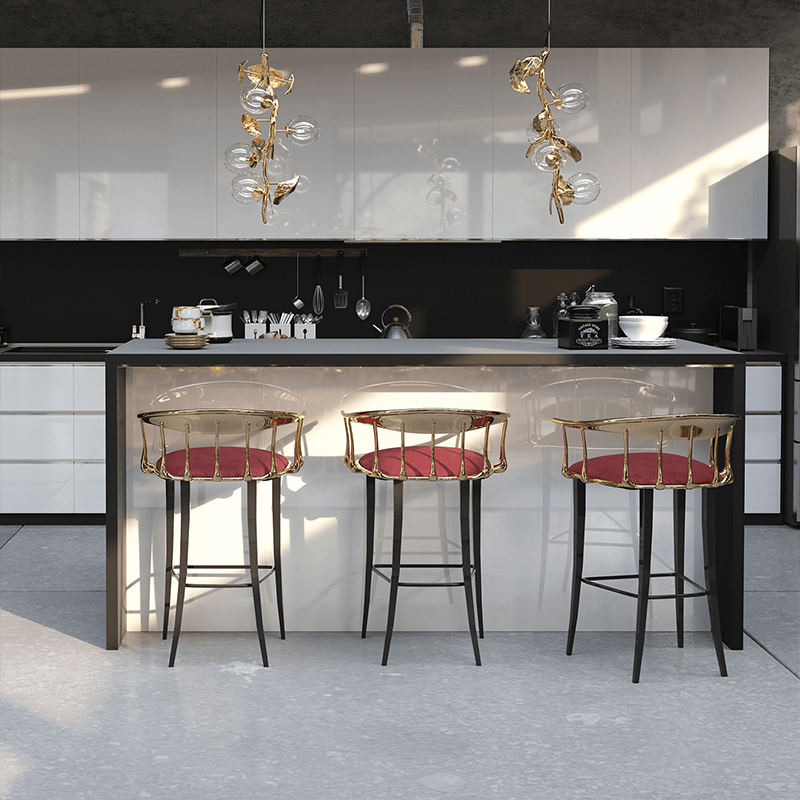 كرسي بار نحاسي بأرجل معدنية منجدة فاخرة وحديثة