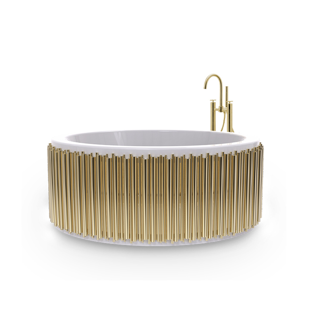 إطار من الفولاذ المقاوم للصدأ باللون الذهبي وحوض استحمام مستدير من الحجر الاصطناعي الأبيض